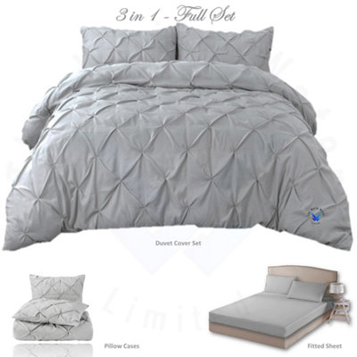 PINTUCK DUVET COVER set + Matching Pillowcases with Bedsheet - 3in1 Hotel Style Bedding Set - Silver Grey