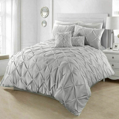 PINTUCK DUVET COVER set + Matching Pillowcases with Bedsheet - 3in1 Hotel Style Bedding Set - Silver Grey