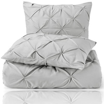 PINTUCK DUVET COVER set + Matching Pillowcases with Bedsheet - 3in1 Hotel Style Bedding Set - Silver Grey