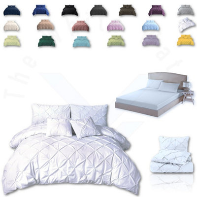 PINTUCK DUVET COVER set + Matching Pillowcases with Bedsheet - 3in1 Hotel Style Bedding Set - White