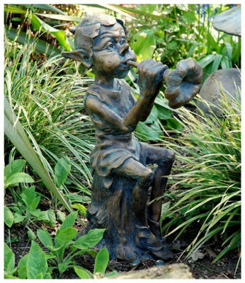 Piping Pixie Garden Sculpture Playing a Flower Flute