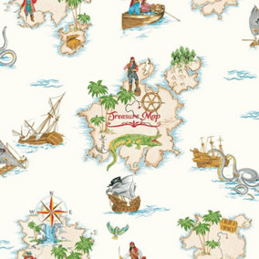 Pirates Ahoy Wallpaper Arthouse Kids Children's Bedroom Treasure Map Ship Boat