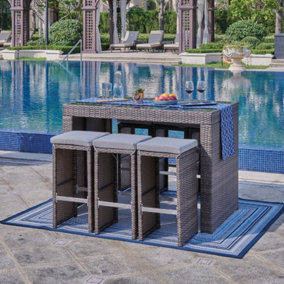Pisa Rattan Garden 6 Seater Dining Table & Bar Stool Set With Rain Cover
