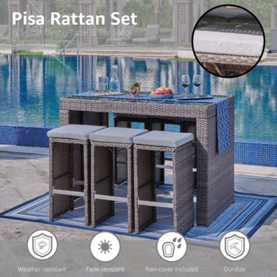 Pisa Rattan Garden 6 Seater Dining Table & Bar Stool Set With Rain Cover