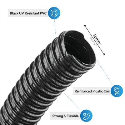 Pisces 38mm (1.5 inch) Black Pond Corrugated Flexible Hose Pipe - 10m Roll