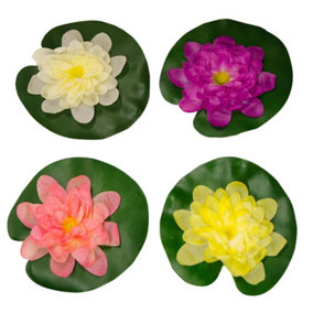 Pisces 4 Pack Floating Lily Artifical Pond Plant Decoration Lillies - White Pink Yellow Purple