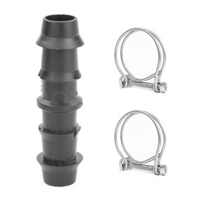 Pisces Inline Pond or Garden Barbed Hose Joiner 15mm- 15mm (0.5-0.5 inch) with 2x hose clips