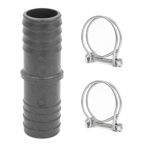 Pisces Inline Pond or Garden Barbed Hose Joiner 25mm - 25mm (1-1 inch) with 2x hose clips