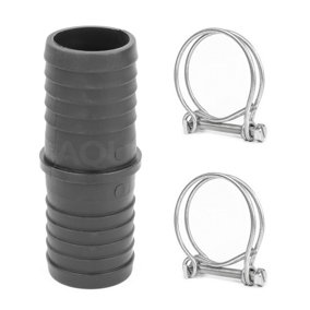Pisces Inline Pond or Garden Barbed Hose Joiner  32mm x 32mm (1.25 inch) with 2x hose clips