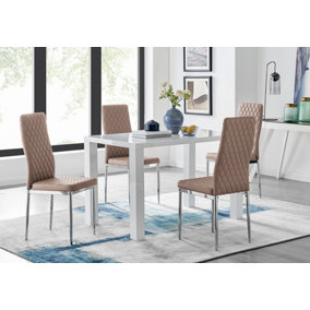 Pivero White High Gloss Dining Table and 4 Cappuccino Beige Milan Chairs Set