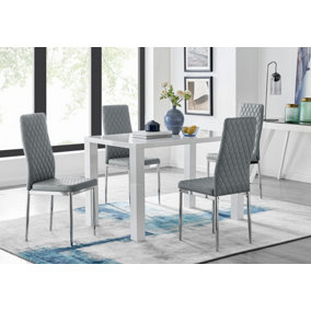 Pivero White High Gloss Dining Table and 4 Elephant Grey Milan Chairs Set