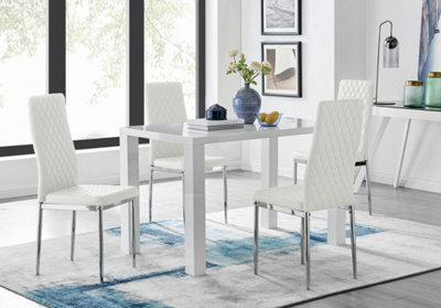Pivero White High Gloss Dining Table and 4 White Milan Chairs Set