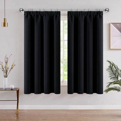 Plain Blackout Pencil Pleat Curtains Thermal Insulated Curtain Pair with Tiebacks