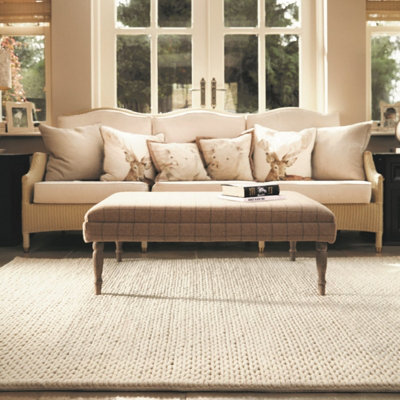 Plain Fusion Ivory Luxurious Striped Wool Hand Made Rug For Dining Room Bedroom & Living Room-120cm X 170cm