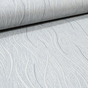 Plain Metallic Glitter Silver Grey Wave Stripe Wallpaper Textured Vinyl Thick