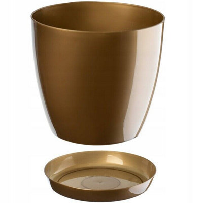 Plant Flower Pot Plastic 20 Colours 9 sizes Gloss Pots Planter Saucer Tray Deco Gold 14cm