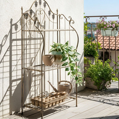 Plant Shelf Black Metal, Freestanding and Foldable, Distressed Finish, 59 x 30 x 123 cm