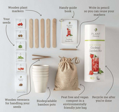 Plant Theory Grow Your Own Cocktail Kit - Mint, Strawberry, Tomato Roma, Basil , Green Tomato - Vegan Compost & 100% Plastic Free