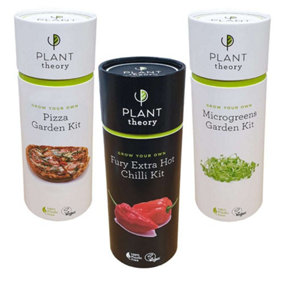 Plant Theory Grow Your Own Kitchen Garden Trio Kit Gift Set - Extra Hot Chilli Kit , Pizza Garden Kit & Microgreens Kit