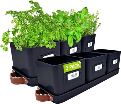 Planter Pots for Kitchen Windowsill - 2 Pack Black Herb Planter Indoor with Leather Handled Tray and Labels