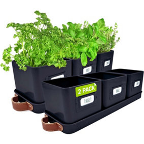 Planter Pots for Kitchen Windowsill - 2 Pack Black Herb Planter Indoor with Leather Handled Tray and Labels