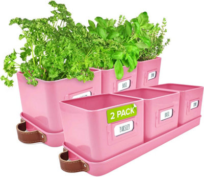 Planter Pots for Kitchen Windowsill - 2 Pack Pink Herb Planter Indoor with Leather Handled Tray and Labels