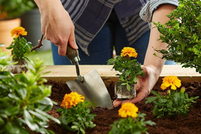 Person using a trowel to dig a hole ready for a flower to be planted in a planter.