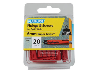 Plasplugs SWRS20 Solid Wall Super Grips Fixings Red & Screws Pack of 20 PLASWRS20