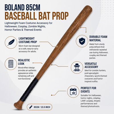 Plastic Costume Prop Baseball Bat 85cm Wood-Effect Fancy Dress Accessory