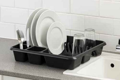 Plastic Dish Drying Rack, Black Kitchen Sink Drainer with Cutlery Holder