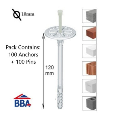 Plastic Insulation Fixings - White (10mm x 120mm - Pack of 100)