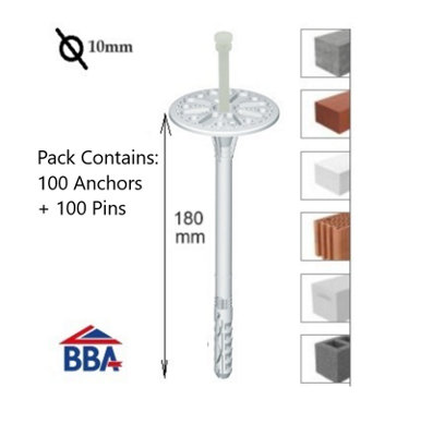 Plastic Insulation Fixings - White (10mm x 180mm - Pack of 100)