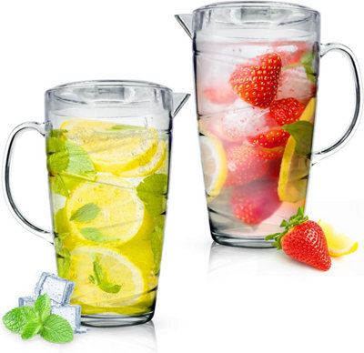 Plastic Jug 2L (2 Pack) - Swirl Design Pitcher with Lid & Vented Spout for Beverages and BBQ Garden Parties Clear Design