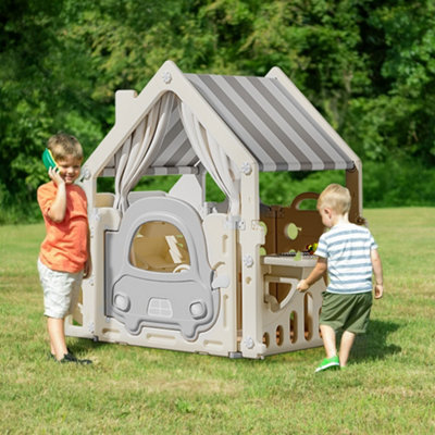 Plastic Playhouse for Kids Outdoor Play Games with Built In Storage Rack and Building Block Table