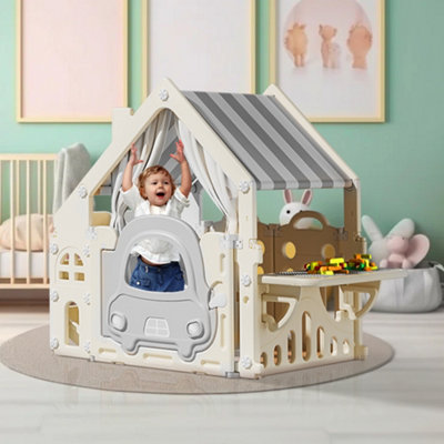 Plastic Playhouse for Kids Outdoor Play Games with Built In Storage Rack and Building Block Table