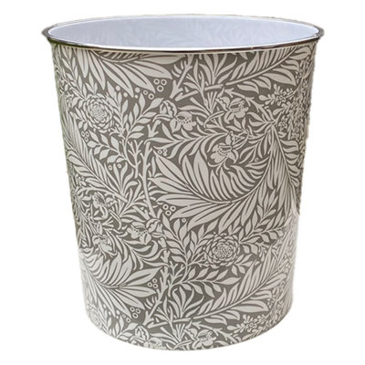 Plastic Waste Paper Basket Bin Round Trash Can, Lightweight Recycling Rubbish Bin for Kitchen, Bedroom, Bathroom 7.7L (Grey Leaf)