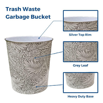 Plastic Waste Paper Basket Bin Round Trash Can, Lightweight Recycling Rubbish Bin for Kitchen, Bedroom, Bathroom 7.7L (Grey Leaf)