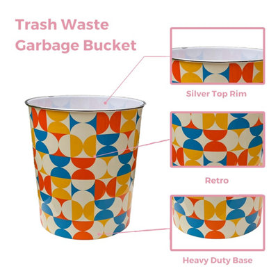 Plastic Waste Paper Basket Bin Round Trash Can, Lightweight Recycling Rubbish Bin for Kitchen, Bedroom, Bathroom 7.7L (Retro)