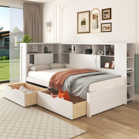 Platform Bed with Trundle & Bookcase & USB, Multifunctional Bed, with 2 Storage Drawers, Dust-proof Cabinet and Shelves, White 