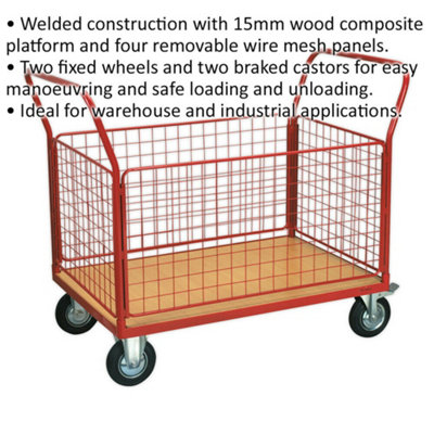 Platform Truck with 4 Removable Sides - 300kg Weight Limit - Two Braked Castors