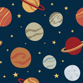 Playful Planets Wallpaper In Warm Tones On Navy