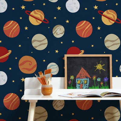 Playful Planets Wallpaper In Warm Tones On Navy
