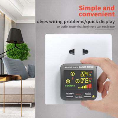 Plug Socket Tester 3 in 1, NCV, RCD Trip and Test Function, Leakage Testing & Wiring Indication Display