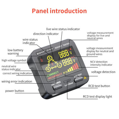 Plug Socket Tester 3 in 1, NCV, RCD Trip and Test Function, Leakage Testing & Wiring Indication Display