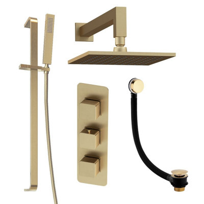 Drettyer 3-Outlet Shower Faucet Valve With Diverter – 4-Handle Matte Black, 15" Panel, All Functions Can Run Together, Brass Construction