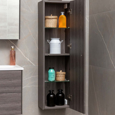 Dark wood bathroom storage discount