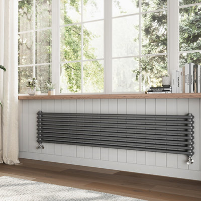 Plum&Clay Braxton Grey Double Horizontal Column Radiator (H)380mm (W)1800