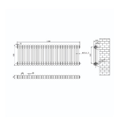 Plum&Clay Braxton Grey Double Horizontal Column Radiator (H)400mm (W)1190