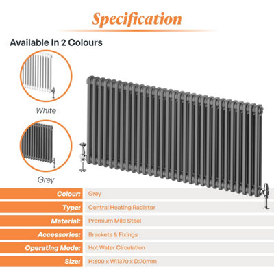 Plum&Clay Braxton Grey Double Horizontal Column Radiator (H)600mm (W)1370