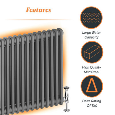 Plum&Clay Braxton Grey Double Horizontal Column Radiator (H)600mm (W)1370
